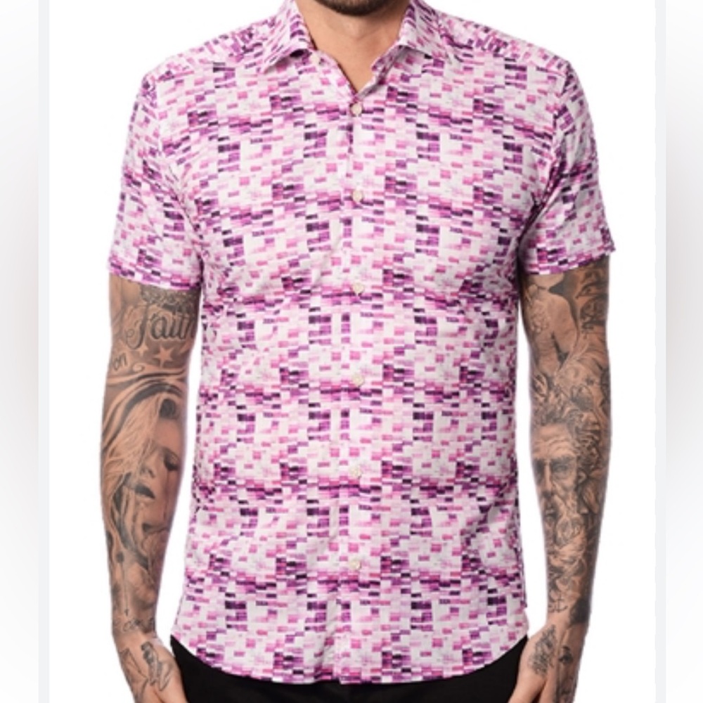 BERTIGO Blanc Collection‎ Short Sleeve Conrad 52 Button Down 5XL Pink White